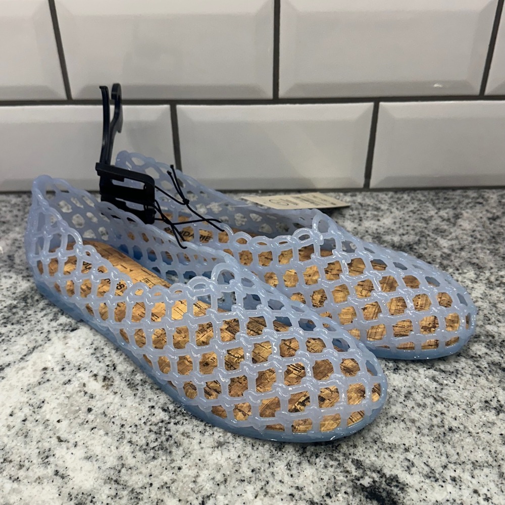 No Boundaries Womens 7 Jelly Flats Blue Caged Lattice Memory Foam Retro Summer